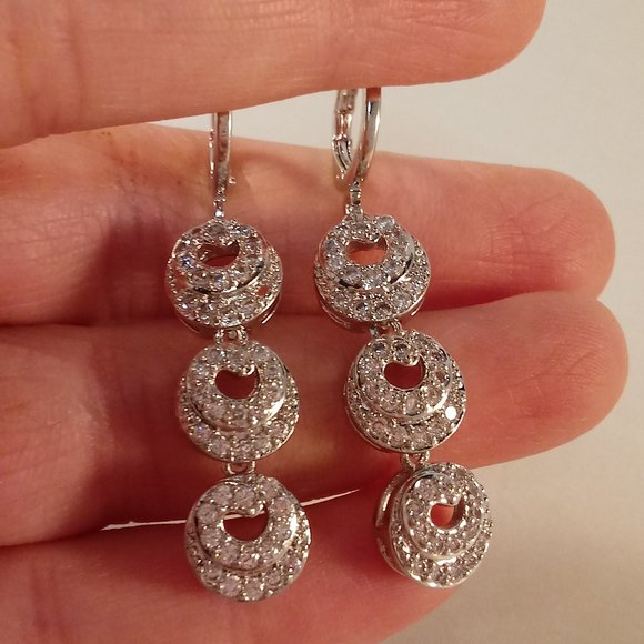 18K White Gold Diamond Double Circle Drop Earrings  18K White Gold Filled Circle Swirl Diamond Zircon Dangle Earrings Beautiful Gift